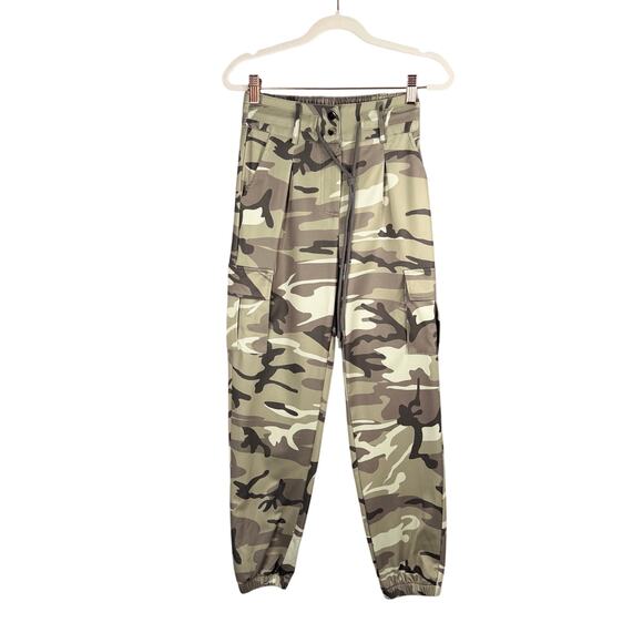 Chic Me Pants Juniors Small Mint Green Gray Camo Satin Cargo Drawstring Jogger - Picture 1 of 6